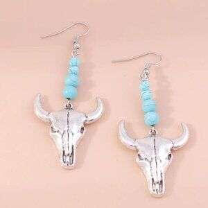 Western Style Turquoise Silver Bull Skull Boho Drop Earrings Coastal Cowgirl